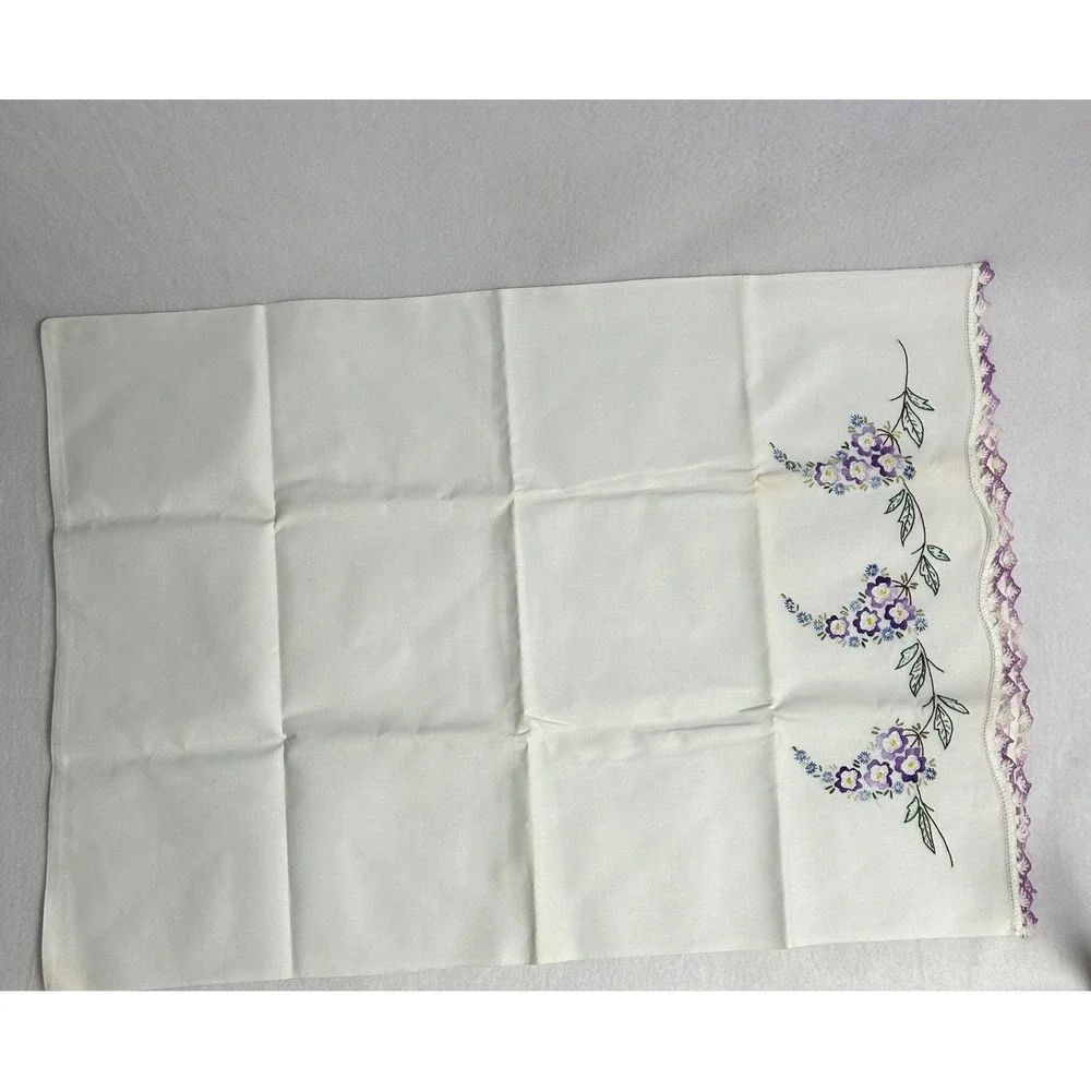 Vintage Cottagecore Hand Embroidered Pillowcase Standard White Purple Floral